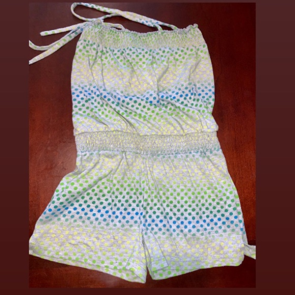 Star Rider gray w blue & green polka dots romper sz youth 10 EUC